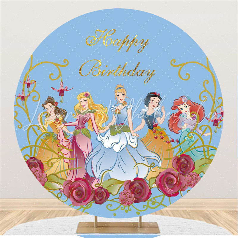 Lofaris Gold Glitter Round Floral Princess Blue Birthday Backdrop