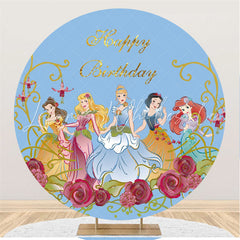Lofaris Gold Glitter Round Floral Princess Blue Birthday Backdrop