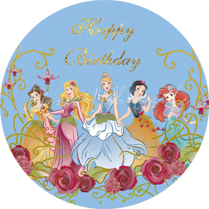 Lofaris Gold Glitter Round Floral Princess Blue Birthday Backdrop