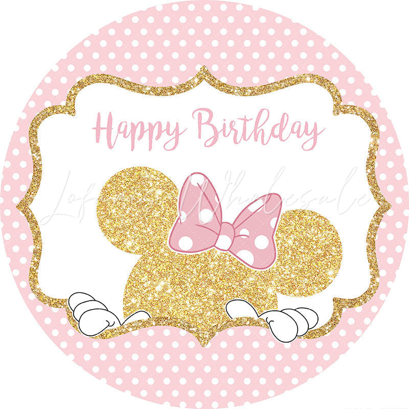 Lofaris Gold Glitter Round Pink Cartoon Mouse Birthday Backdrop