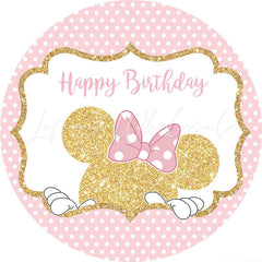 Lofaris Gold Glitter Round Pink Cartoon Mouse Birthday Backdrop