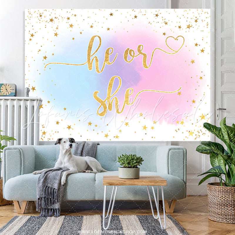 Lofaris Gold Glitter She Or He Pink Blue Baby Shower Backdrop