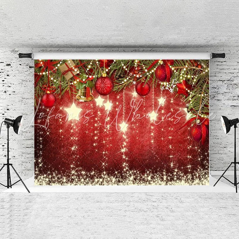 Lofaris Gold Glitter Star And Red Decoration Ball Chrismas Backdrop