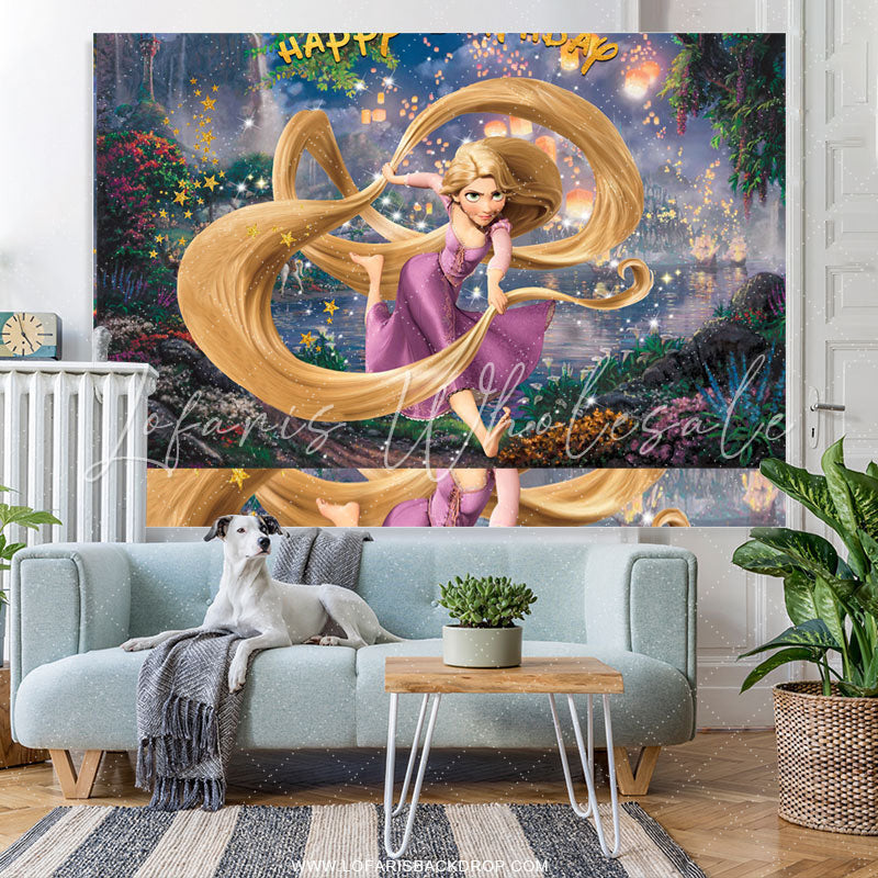 Lofaris Gold Glitter Star Princess Lakeside Happy Birthday Backdrop