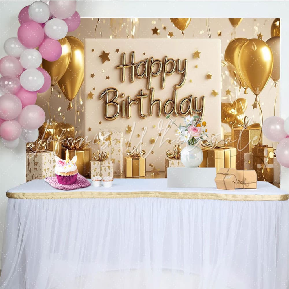 Gold Glitter Stars Balloons Happy Birthday Party Backdrop