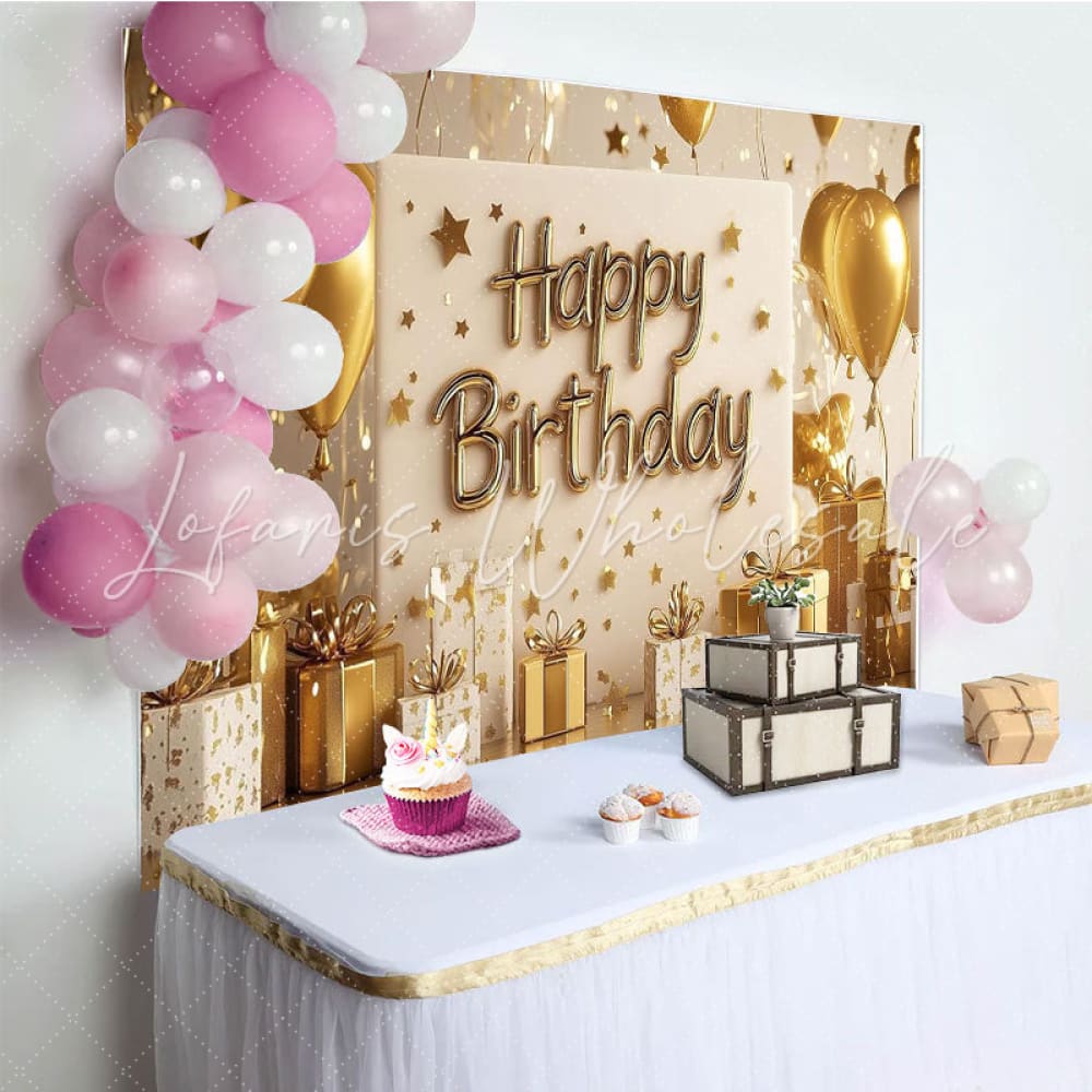 Gold Glitter Stars Balloons Happy Birthday Party Backdrop