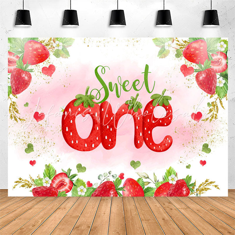 Lofaris Gold Glitter Strawberries Sweet 1st Birthday Backdrop
