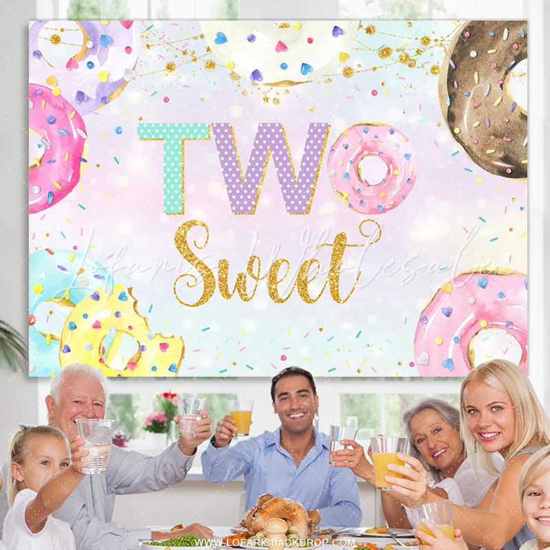 Lofaris Gold Glitter Sweet Donuts Happy 2nd Birthday Backdrop