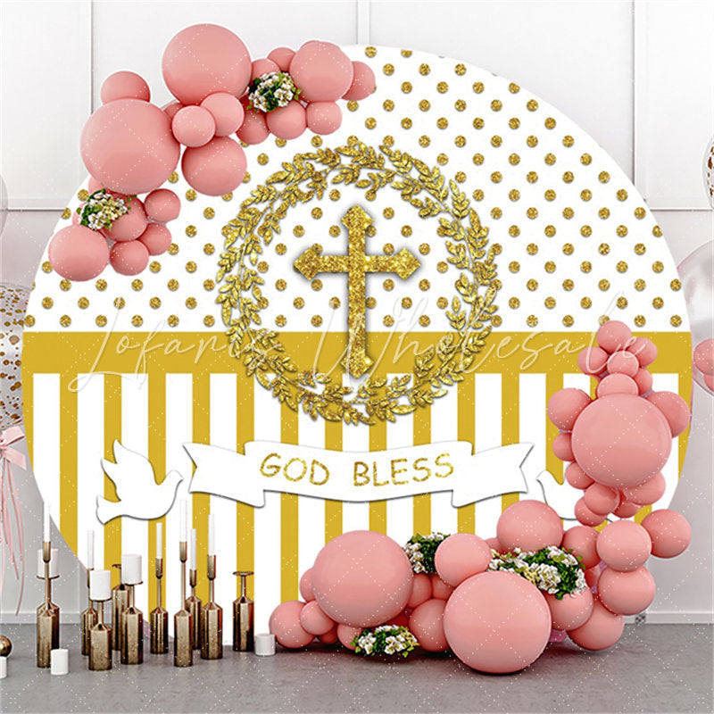 Lofaris Gold Glitter White God Bless Round Baby Shower Backdrop