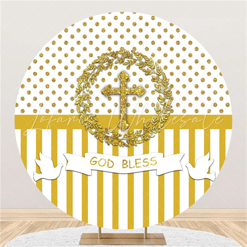 Lofaris Gold Glitter White God Bless Round Baby Shower Backdrop