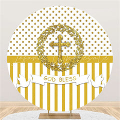 Lofaris Gold Glitter White God Bless Round Baby Shower Backdrop