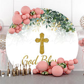 Lofaris Gold God Bless Leaves Happy Birthday Round Backdrop