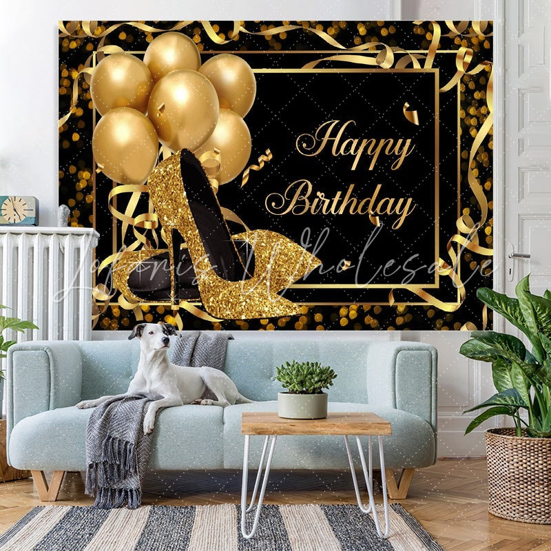 Lofaris Gold Heels and Balloons Black Happy Birthday Backdrop