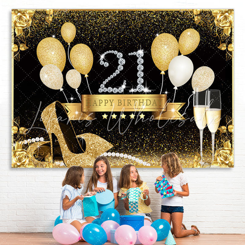 Lofaris Gold Heels And Balloons Glitter 21st Birthday Backdrop