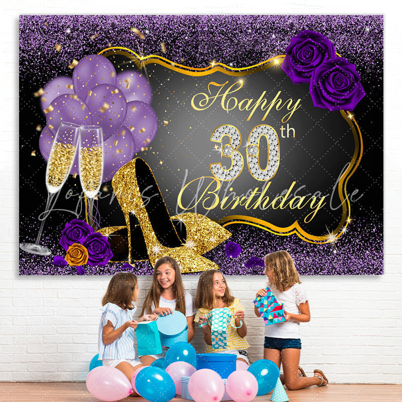 Lofaris Gold High Heels Purple Roses 30th Birthday Backdrop