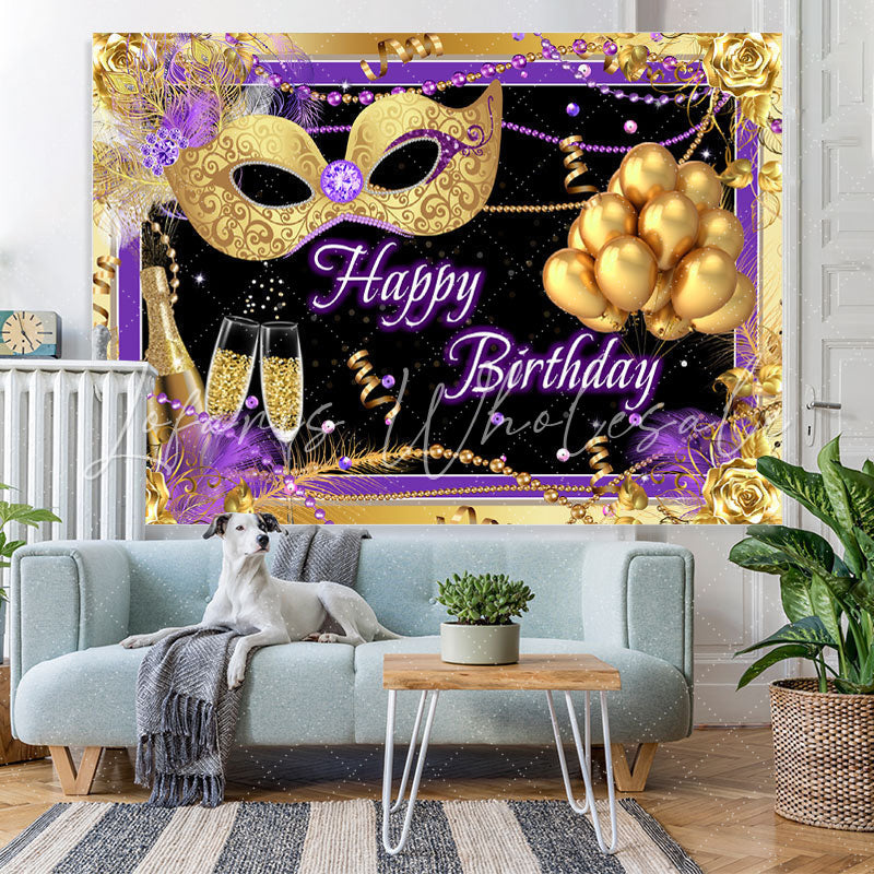 Lofaris Gold Mask And Ballon Purple Backdrop For Birthday Party