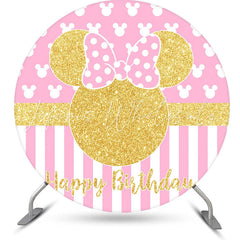 Lofaris Gold Mouse Pink Stripes Round Birthday Backdrop