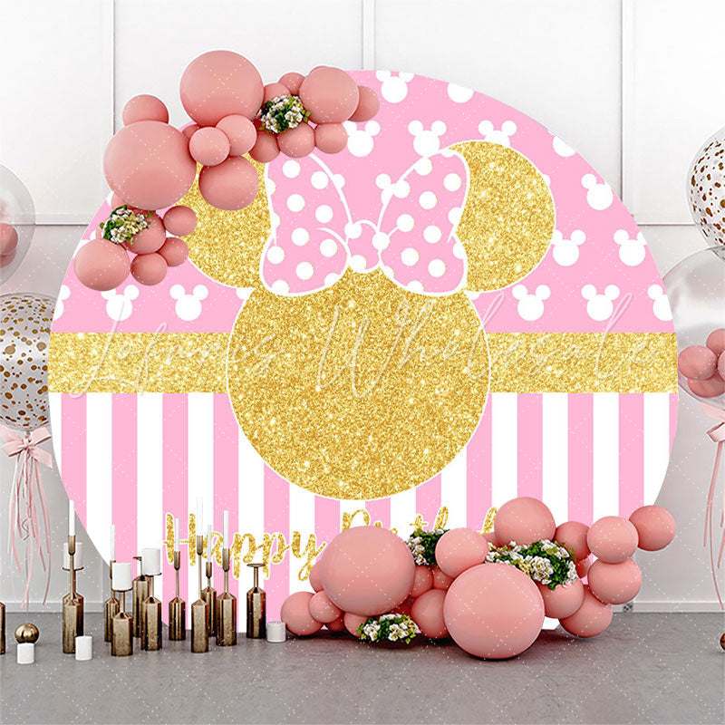 Lofaris Gold Mouse Pink Stripes Round Birthday Backdrop
