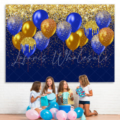 Lofaris Gold-Navy Balloons Glitter Happy Birthday Backdrop