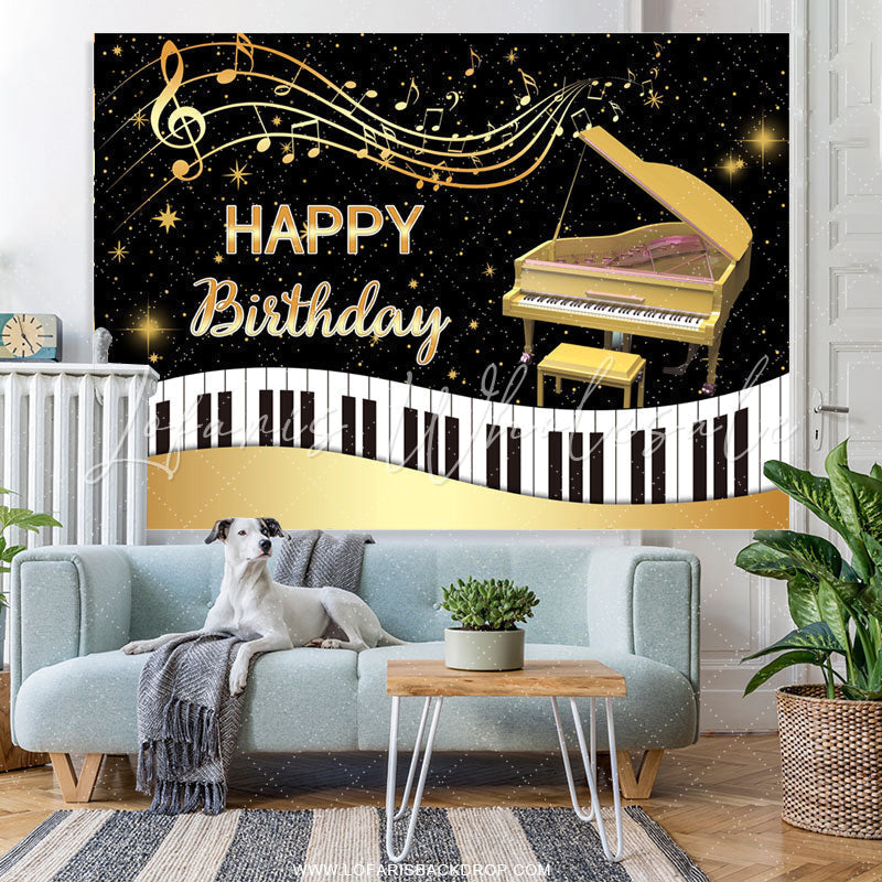 Lofaris Gold Piano And Black White Happy Birthday Backdrop
