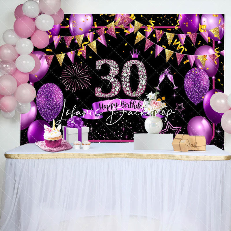Lofaris Gold Purple Balloon Glitter 30th Birthday Backdrop