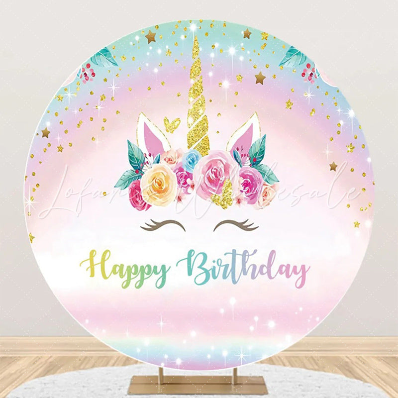 Lofaris Gold Rainbow Unicorn Floral Round Birthday Backdrop