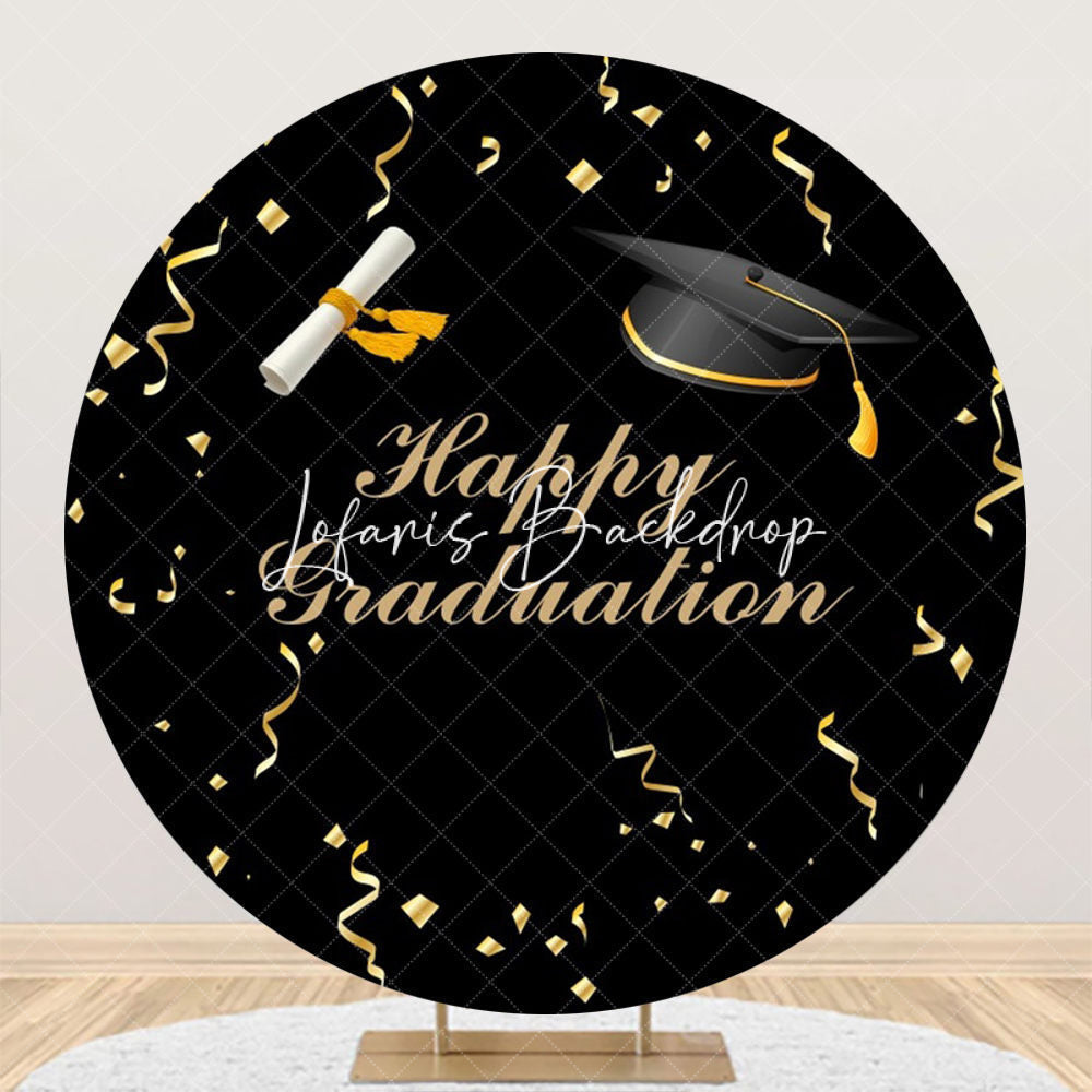 Lofaris Gold Ribbon Bachelor Cap Black Round Graduation Backdrop