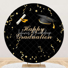 Lofaris Gold Ribbon Bachelor Cap Black Round Graduation Backdrop