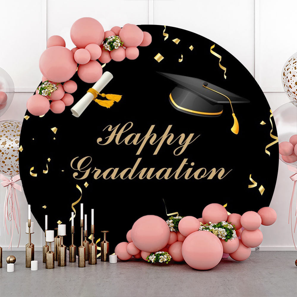 Lofaris Gold Ribbon Bachelor Cap Black Round Graduation Backdrop