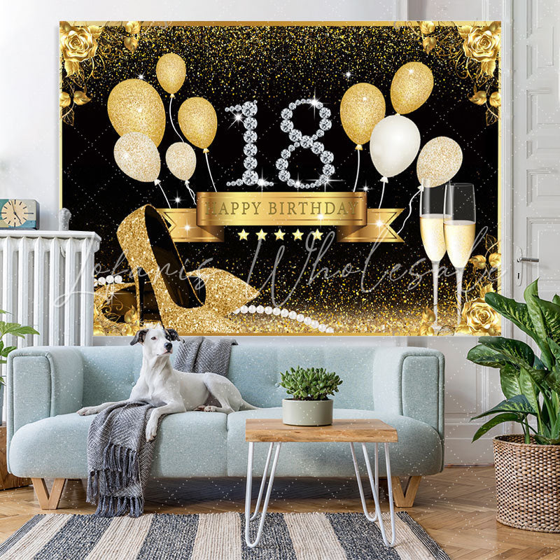 Lofaris Gold Rose And Balloons Glitter 18th Birthday Backdrop