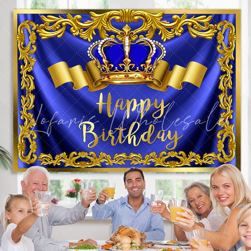 Lofaris Gold Royal Bule Happy Birthday Crown Backdrop for Men