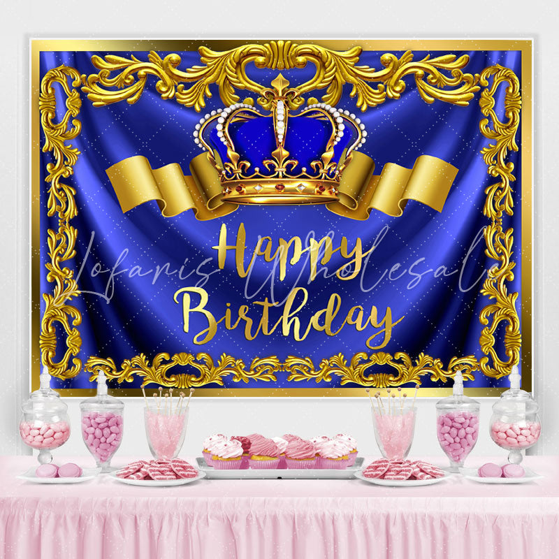 Lofaris Gold Royal Bule Happy Birthday Crown Backdrop for Men
