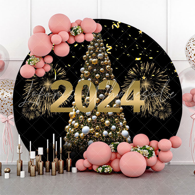 Lofaris Gold Sparkles And Tree Happy New Year Round Backdrop