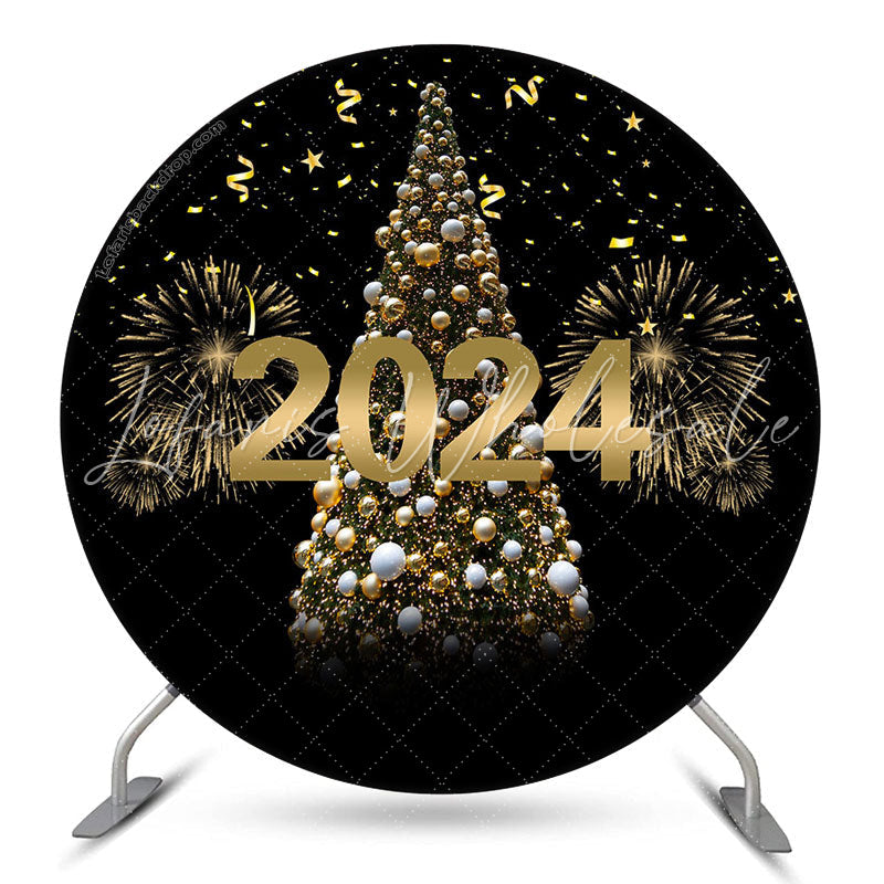 Lofaris Gold Sparkles And Tree Happy New Year Round Backdrop