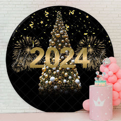 Lofaris Gold Sparkles And Tree Happy New Year Round Backdrop