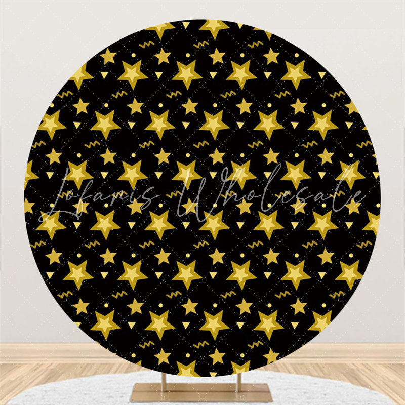 Lofaris Gold Star Black Round Backdrop For Happy Birthday Party