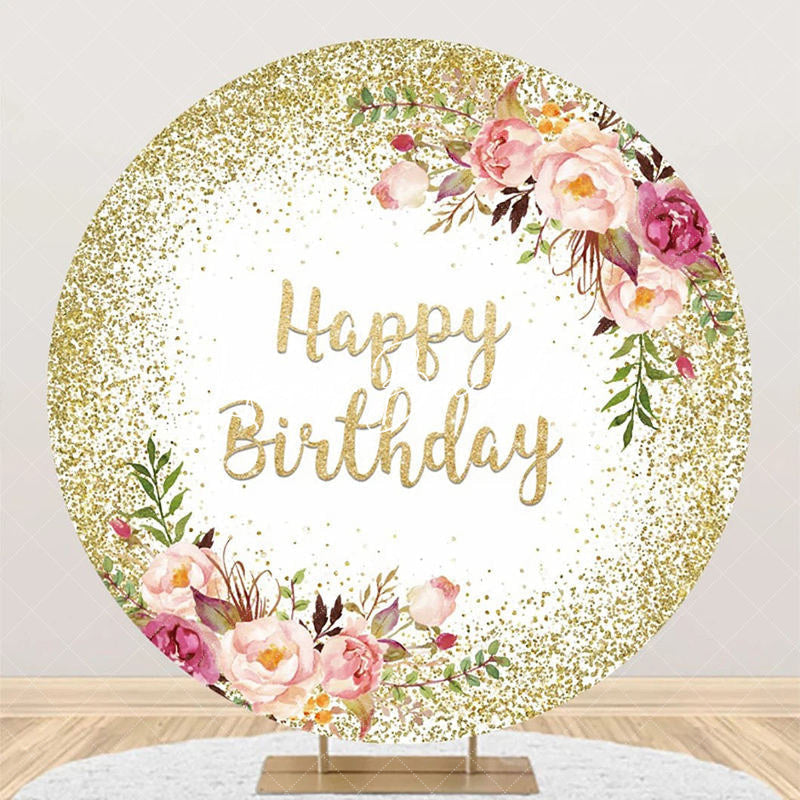 Lofaris Gold White Glitter Floral Round Birthday Backdrop
