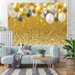 Lofaris Golde And White Balloons Glitter Birthday Backdrop
