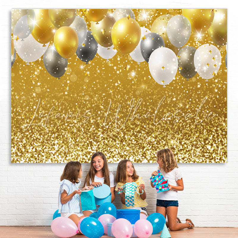 Lofaris Golde And White Balloons Glitter Birthday Backdrop