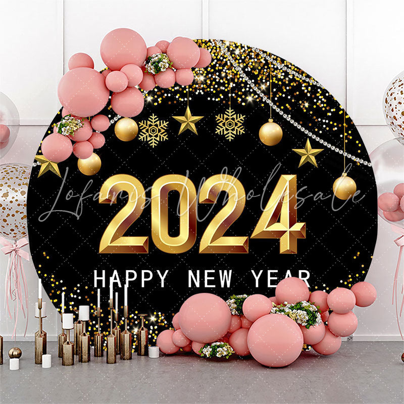 Lofaris Golden Ball Glitter Happy New Year Circle Backdrop