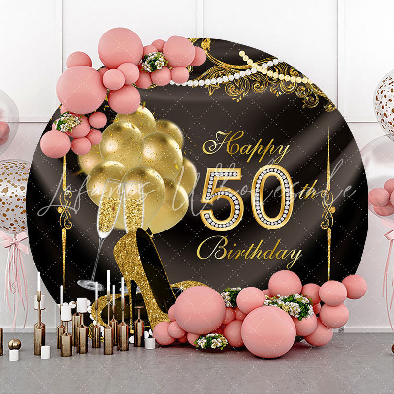 Lofaris Golden Balloons Round Happy 50th Birthday Backdrop