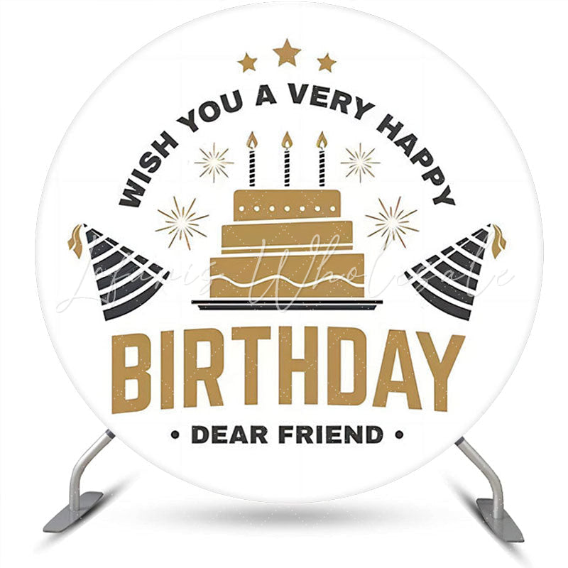 Lofaris Golden Cake Black Hat Stars Round Birthday Backdrop