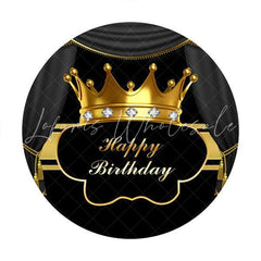 Lofaris Golden Crown Black Custom Round Happy Birthday Backdrop