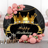 Lofaris Golden Crown Black Custom Round Happy Birthday Backdrop