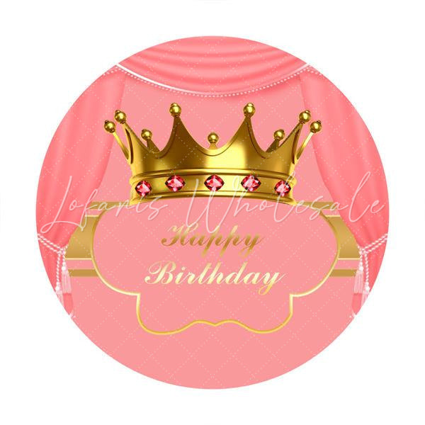Lofaris Golden Crown Pink Custom Circle Happy Birthday Backdrop