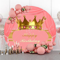 Lofaris Golden Crown Pink Custom Circle Happy Birthday Backdrop