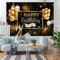 Lofaris Golden Glitter And Black Ballons Birthday Backdrop