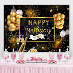 Lofaris Golden Glitter And Black Ballons Birthday Backdrop