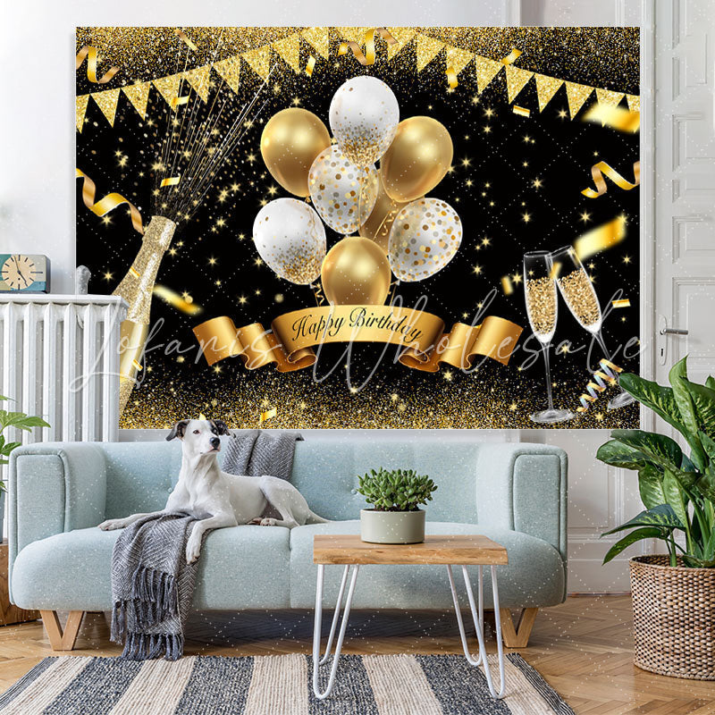 Lofaris Golden Glitter And White Balloon Happy Birthday Backdrop