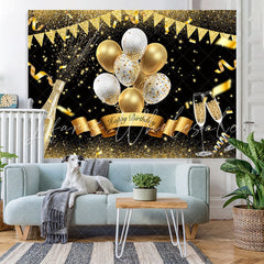 Lofaris Golden Glitter And White Balloon Happy Birthday Backdrop